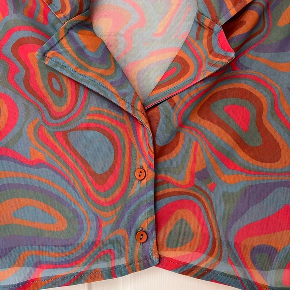 Milk It Retro Psychedelic Print Mesh Button-Up Crop Top S - Picture 5 of 10